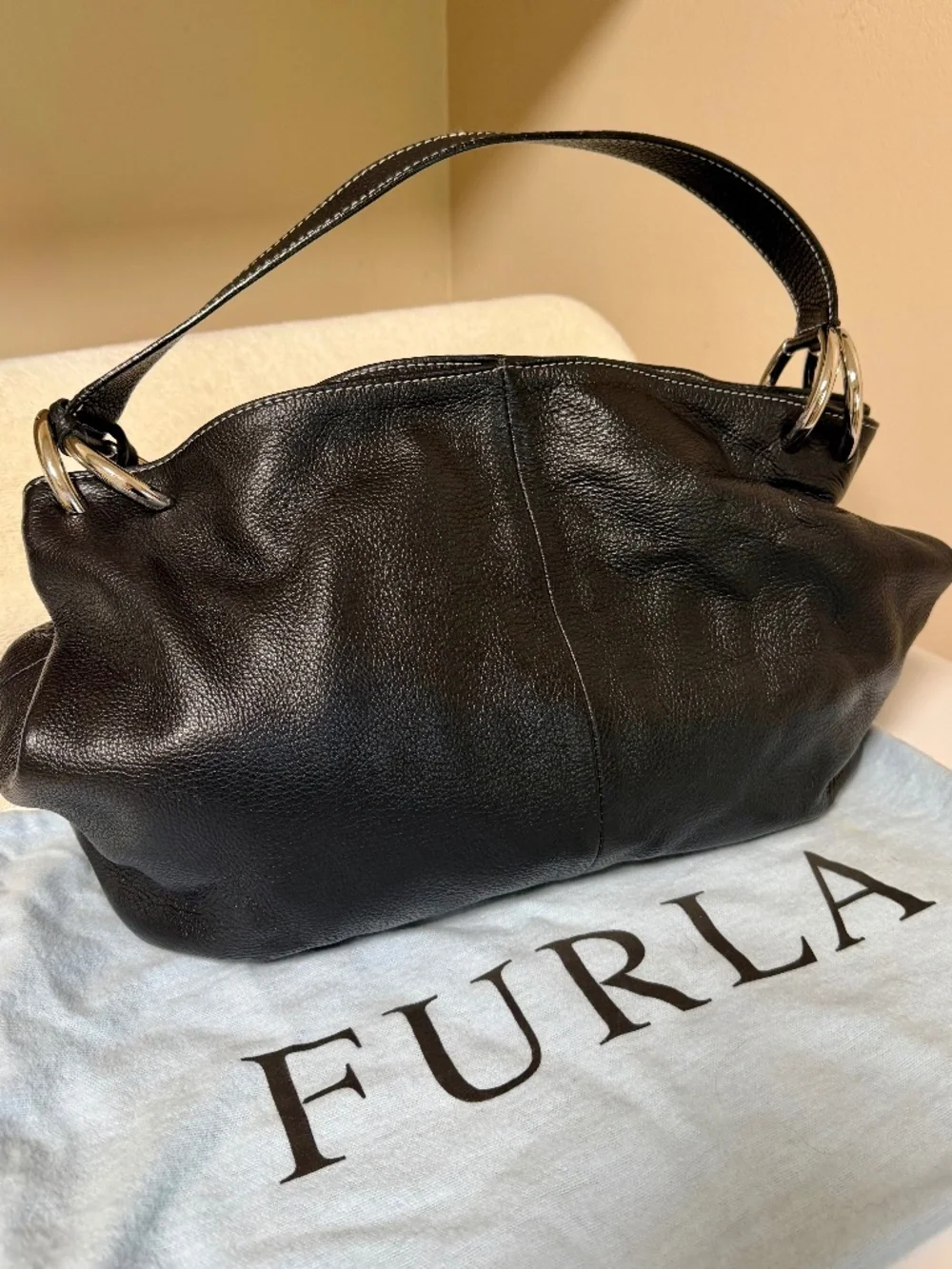 Furla Hobo Bag Black Pebbled Leather - Picture 1 of 6